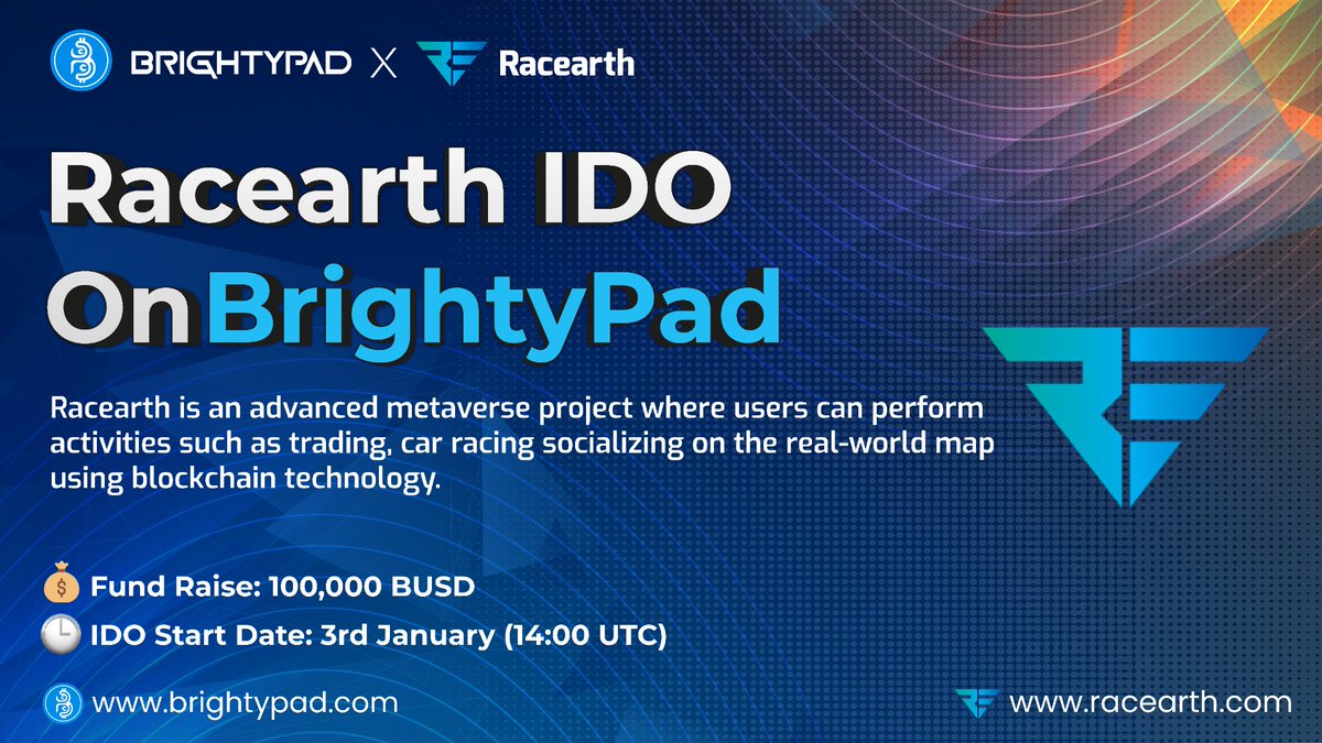 BrightyPad's tweet photo. Racearth IDO at Brightypad on 3rd January (14:00 UTC)

👉🏻 Only for BYP Stakers : https://t.co/Irx2HZAZlP
👉🏻 Max Allocation : 3000 BUSD
👉🏻 Fund raise : 100k BUSD

Token Price : 0.03$
Listing Date : 09.01.2023
CEX/DEX details :  Pancakeswap https://t.co/uRQR8Mk7ZT