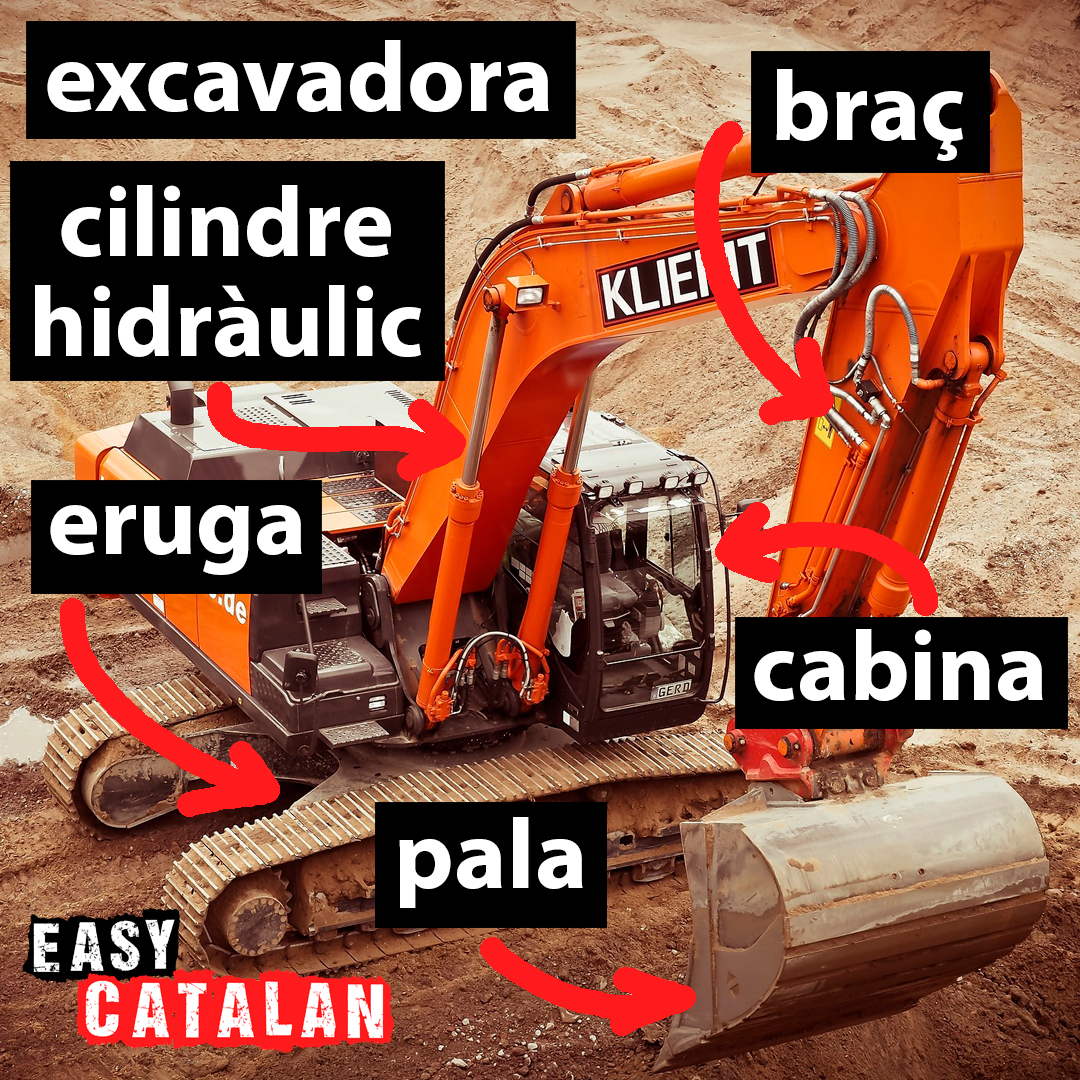 EasyCatalan's tweet photo. Paraules relacionades amb l'excavadora.
excavadora - excavator
cilindre hidràulic - hydraulic cylinder
braç - arm
eruga - track
cabina - cab
pala - shovel
Com anomenes aquestes parts de l'excavadora en la teva llengua?
#excavadora #eruga #pala https://t.co/63JemGWgmI