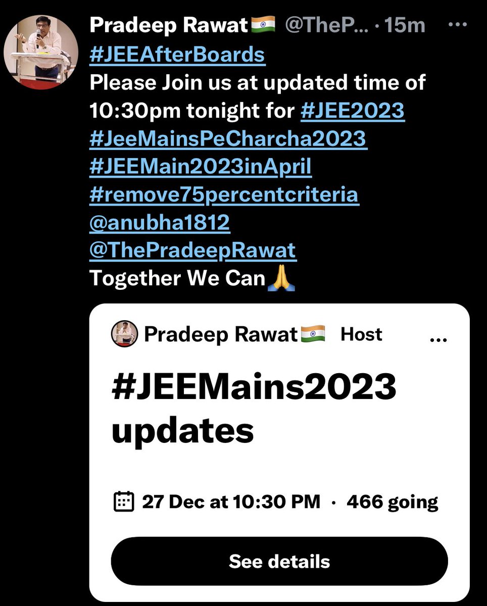 ThePradeepRawat's tweet photo. So far 466 are coming to our space at 10:30pm on #JEEAfterBoards 

Are you joining too?
Share,
Retweet,
Quote tweet with everyone 🙏🏻 https://t.co/g1Dt9SNuhI