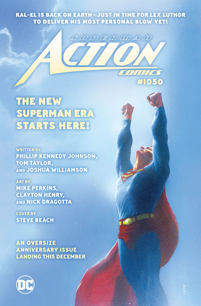 ACTION COMICS #1050 is out this week! Written with @TomTaylorMade & @PhillipKJohnson! Epic art by @claytonhenryart, @NickDragotta, Mike Perkins & @frankmartinbox! Lettered by Dave Sharpe! Sets up the Superman line for 2023: joshuawilliamson.substack.com/p/action-comic… Main cover by Steve Beach!