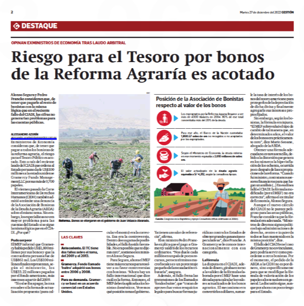 paolobenza's tweet photo. Algo que ha pasado piola es que el CIADI (tribunal internacional) ha ordenado al Estado peruano pagarle US$100 millones al fondo 'buitre' Gramercy, que había comprado hace una década más de 9 mil bonos de la Reforma Agraria. 

¿Cuánto sufrirán las arcas públicas?... (1/x) https://t.co/nMpMsfKrx9