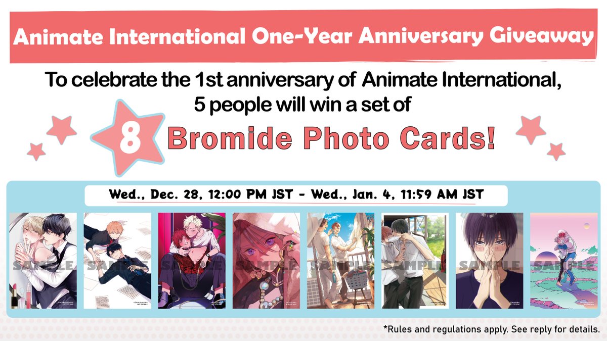AnimateIntl's tweet photo. To celebrate the one-year anniversary of Animate International, we will be giving away five sets of eight bromide photo cards📸

To enter, just follow us and retweet this tweet by Jan. 4, 2023 at 11:59 AM JST✨ https://t.co/NdJiGRvYTG