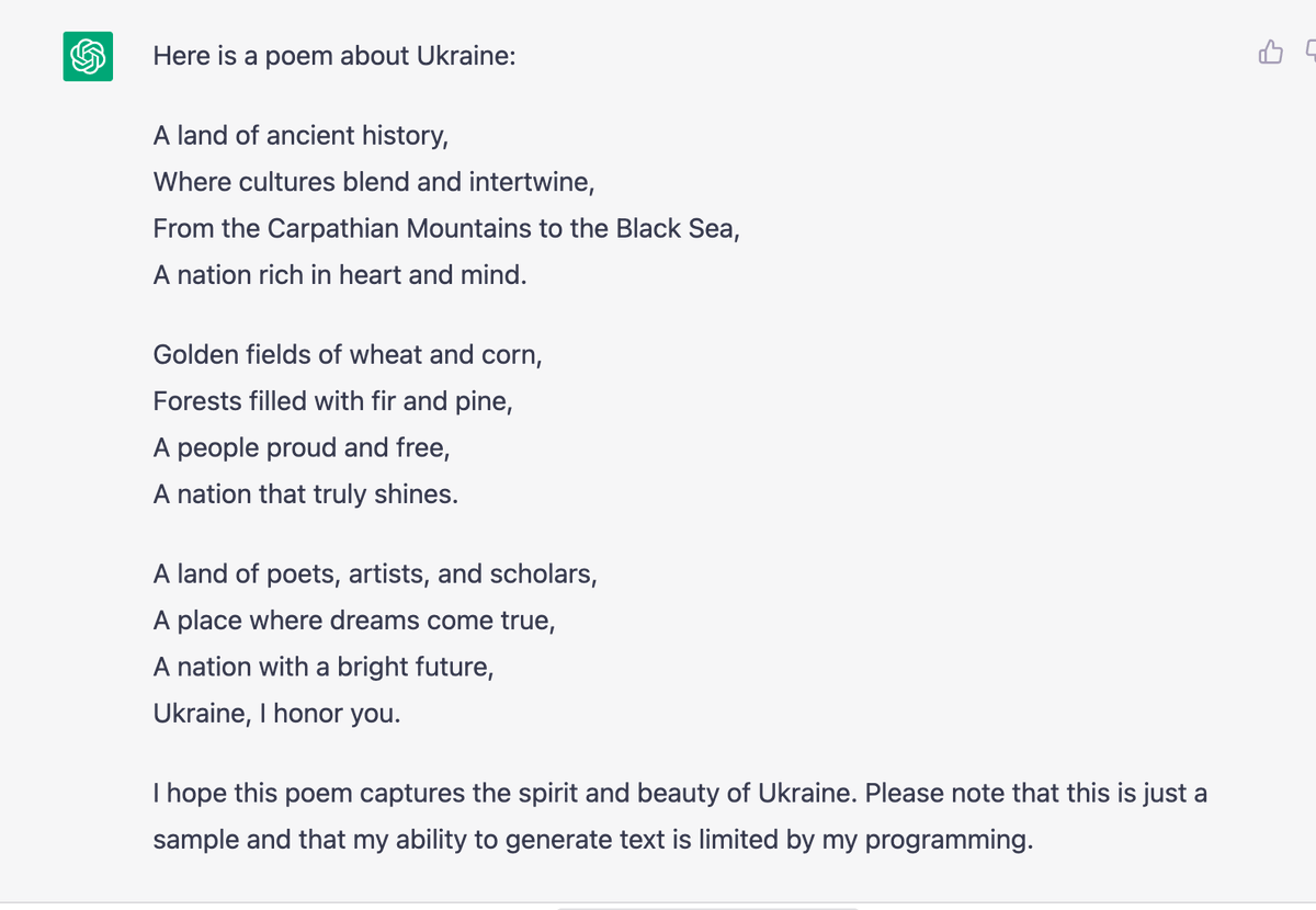 itranslate123's tweet photo. I asked ChatGPT to write a poem for Gaza or Palestine, and then I asked "it" to write a poem for Ukraine. 
Guess what happened? https://t.co/QEMTDxqnGQ