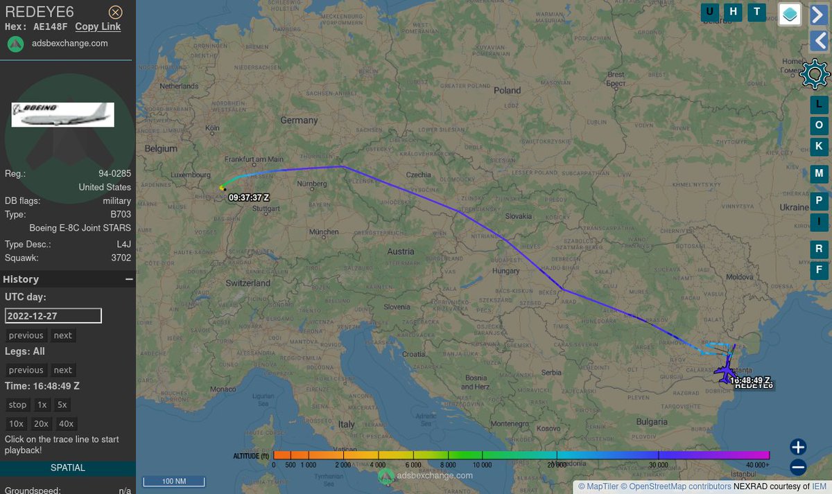 TheIntelFrog's tweet photo. USAF E-8C Joint STARS #AE148F as REDEYE6 on a mission over coastal Romania near the Black Sea.  This is a deviation from it's usual mission over Poland. https://t.co/6MdCEJe7rJ
