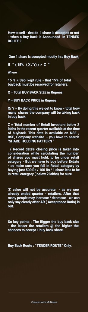 M_P_naveen_24's tweet photo. #Buyback #OneShare #Acceptance #For #Sure #Logic
This is how - social media gurus / YouTuber's might say - How One Share is accepted for sure or not ?
Tender Route buy back only -
Tax free Buybacks
#Buy #back #Eclerx #Tanla #Tips #Industries https://t.co/zuU51Q2gnz