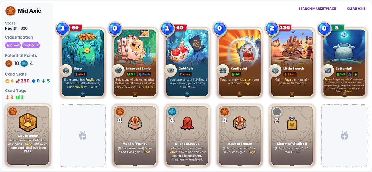 PipEJJ19's tweet photo. Rage team should be survived in SS2. 1. mask of frenzy can enhance any card 😜😜😜2. Furball + ronin will help enhance energy fragment boost. 3. Goldfish + cotton tail is mystery energy boost. See you in arena >< @AxieInfinity #BuildTheMeta and #AxieOrigins https://t.co/8NgQxL1B4E