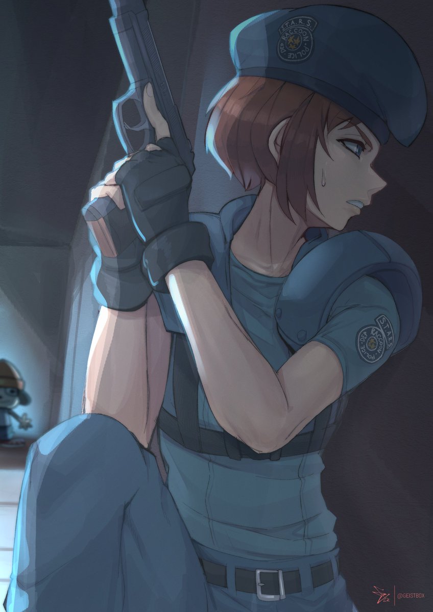 jill valentine weapon gun police police uniform hat 1girl brown hair  illustration images