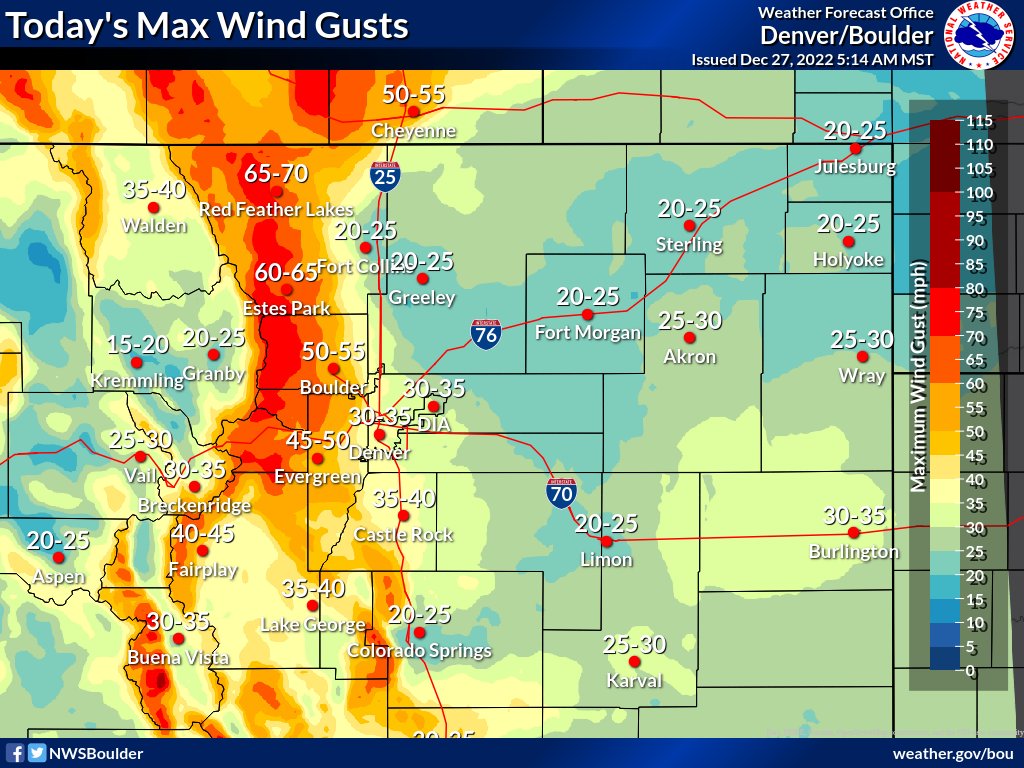 NWSBoulder's tweet image. Heads up! It will be very windy today in the Front Range mountains &amp;amp; foothills with gusts up to 85 mph. Some of the strong winds may make it onto the adjacent plains mainly in the city of Boulder &amp;amp; just to the south of the city. Snow arrives in the mountains this afternoon. #COwx