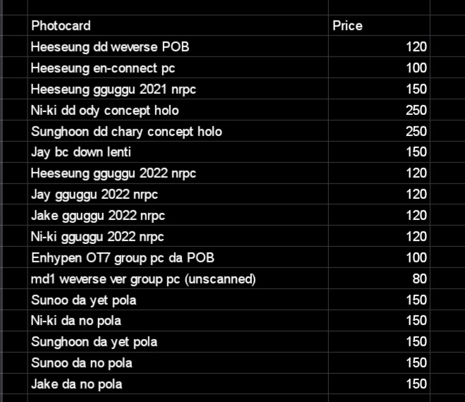 ⌗ wts lfb ph

⤷  price + pf + sf
⤷  onhand

🛒 help rt pls!

t. heeseung hee ni-ki sunghoon hoon jay jake gguggu 2022 nrpc md1 weverse ver group pc da no dd POB dimension dilemma answer yet no polaroid pola sunoo bc border carnival lenti pcs pc

#solaceofsjy_bentables