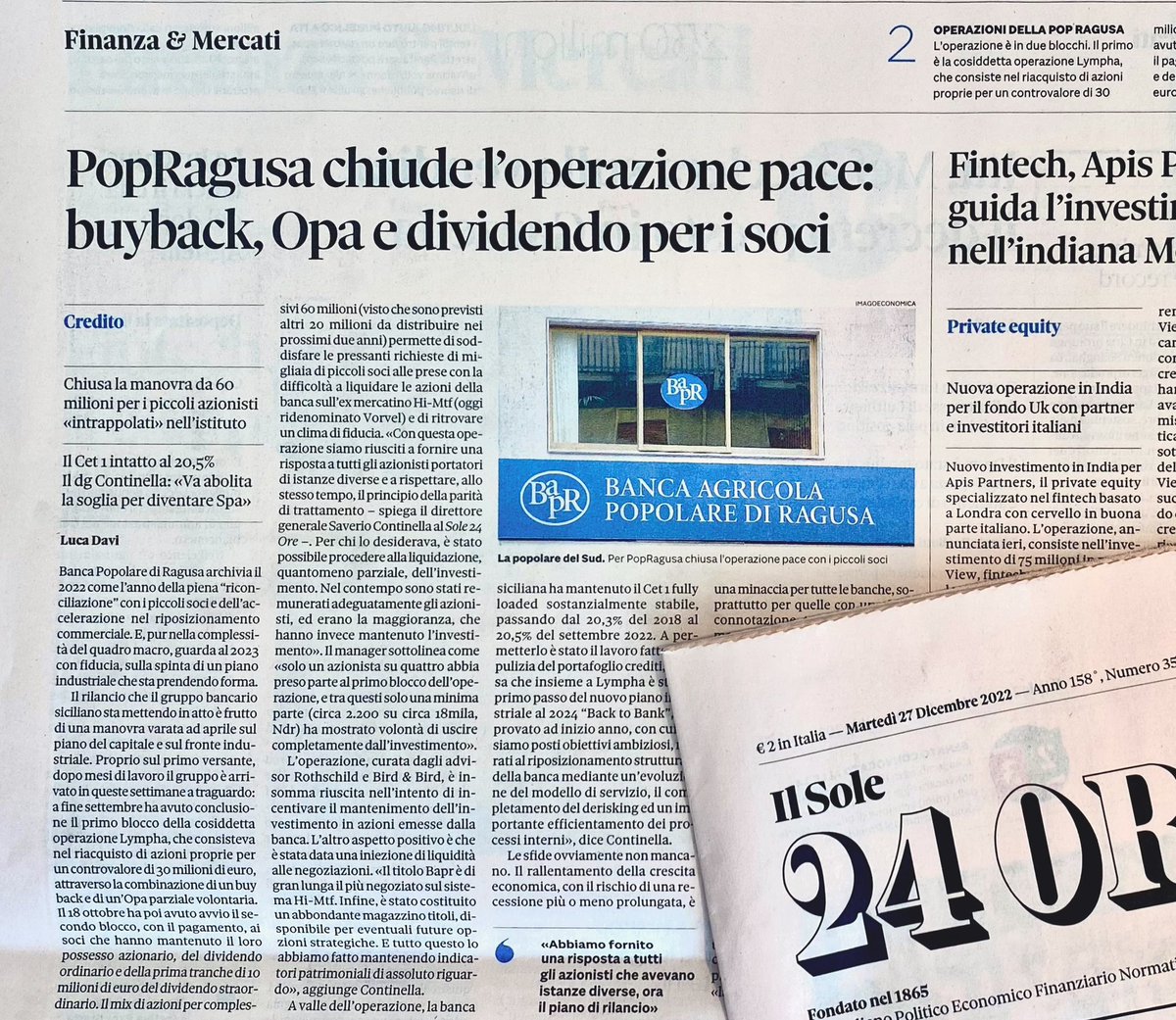 cominandpa's tweet photo. 🗞️ Sul @sole24ore l’intervista di @lucaaldodavi a Saverio Continella, DG #BAPR, che illustra il piano di rilancio e sviluppo della banca, a partire dal successo dell'operazione #Lympha dedicata ai soci, primo passo del nuovo piano industriale "Back to Bank". https://t.co/I0tnVfNhaJ