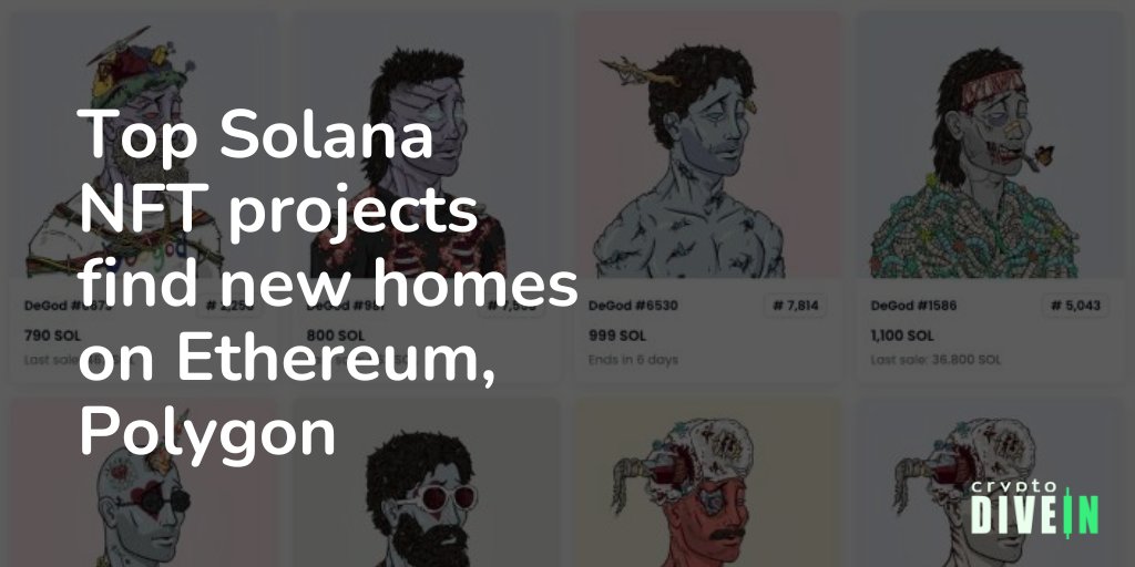 cryptodivein's tweet image. 📢 News Alert

Top Solana-based non-fungible token (#NFT) projects DeGods and Y00ts are moving away from the network, both projects announced on Twitter on Monday.

@DeGodsNFT  said that it will bridge over to Ethereum, while @noty00tsnft  will move to Polygon.