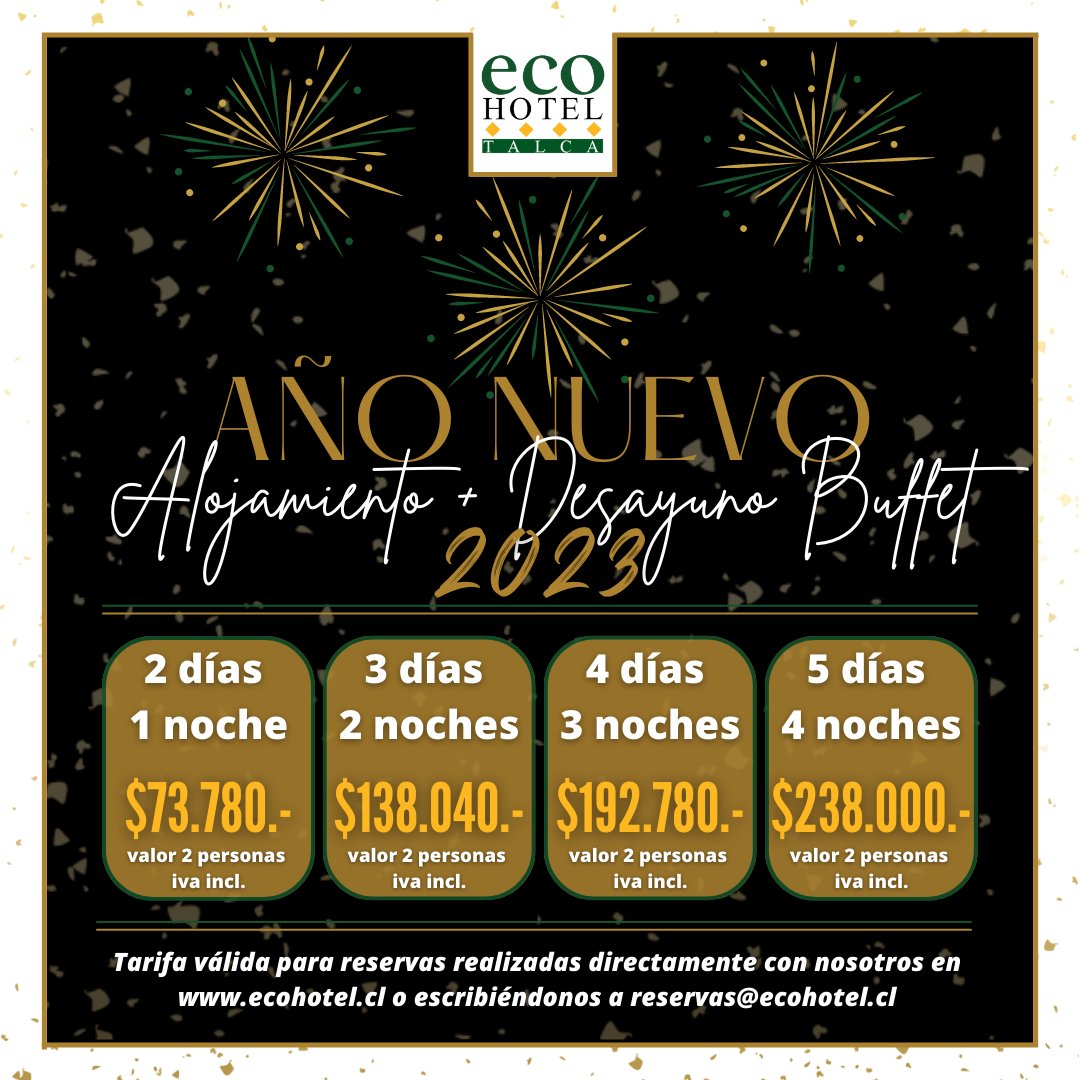 🟡 No te quedes sin aprovechar esta gran promoción de fin de año, la última del 2022 y reserva YA! con nosotros.
¡ Mientras más noches, más conveniente tu estadía !
🍾🥂
Haz tus consultas al DM o al correo reservas@ecohotel.cl

#ecohoteltalca #añonuevo #regiondelmaule #talcacity