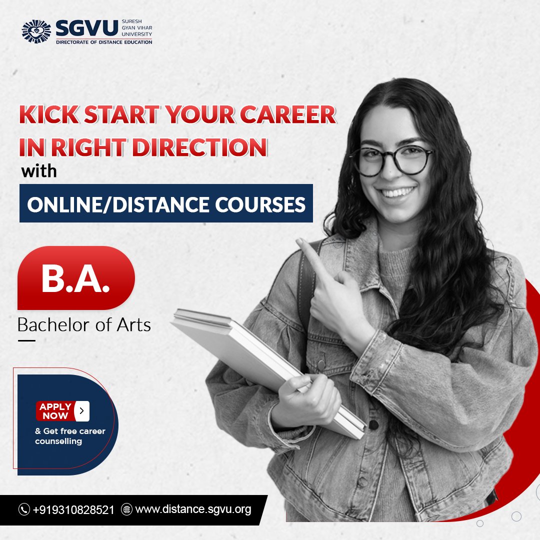 gyan_suresh's tweet image. Kickstart your career in right direction with Online/Distance Courses!

𝐎𝐧𝐥𝐢𝐧𝐞 &amp;amp; 𝐃𝐢𝐬𝐭𝐚𝐧𝐜𝐞 𝐁𝐀

👉Get Free Career Counselling 

our website distance.sgvu.org 
call us at +919310828521

#distancelearning 
#BAdegree #distanceBA 
#SureshGyanViharUniversity #SGVU