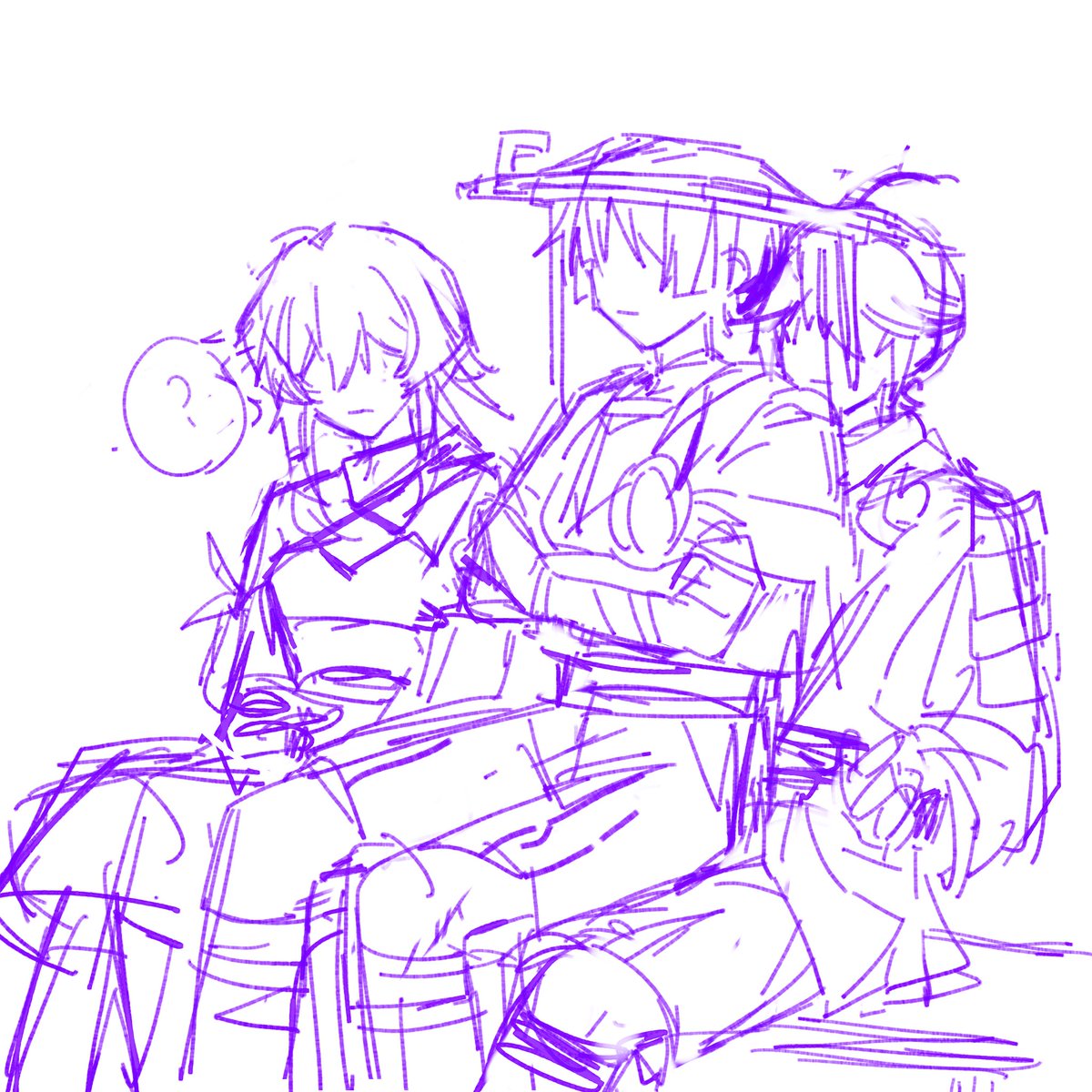 scaramouche (genshin impact) sketch multiple boys 1girl ? hat sitting 2boys  illustration images