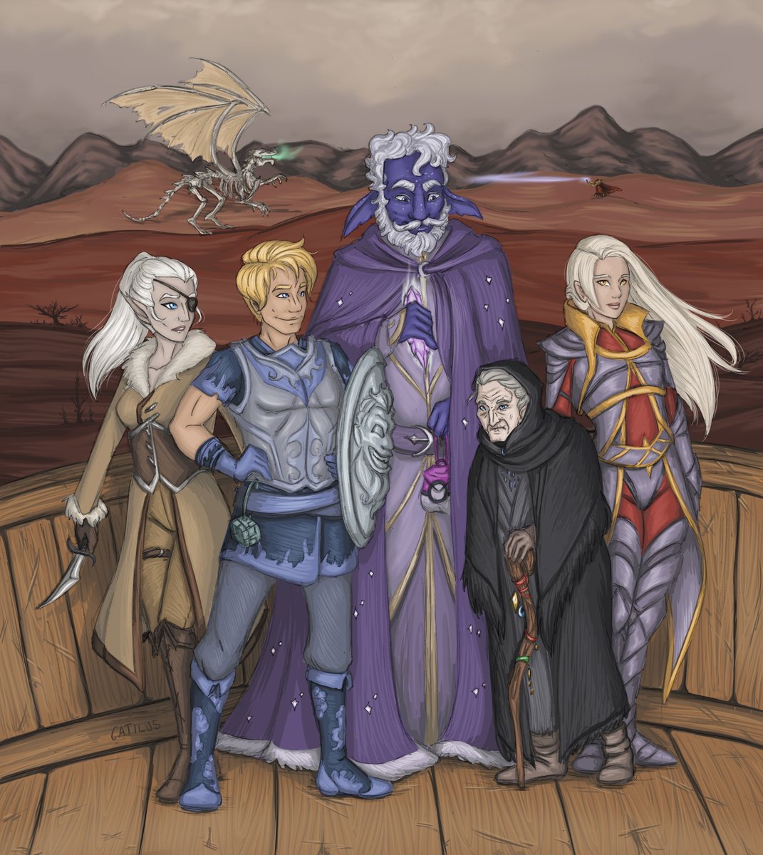 CatilusArt's tweet photo. Lhara, Alain, Clovis, Ethel, and Kalith Flying Away 

#dnd #party #Catilus https://t.co/y7RkgO9ymN