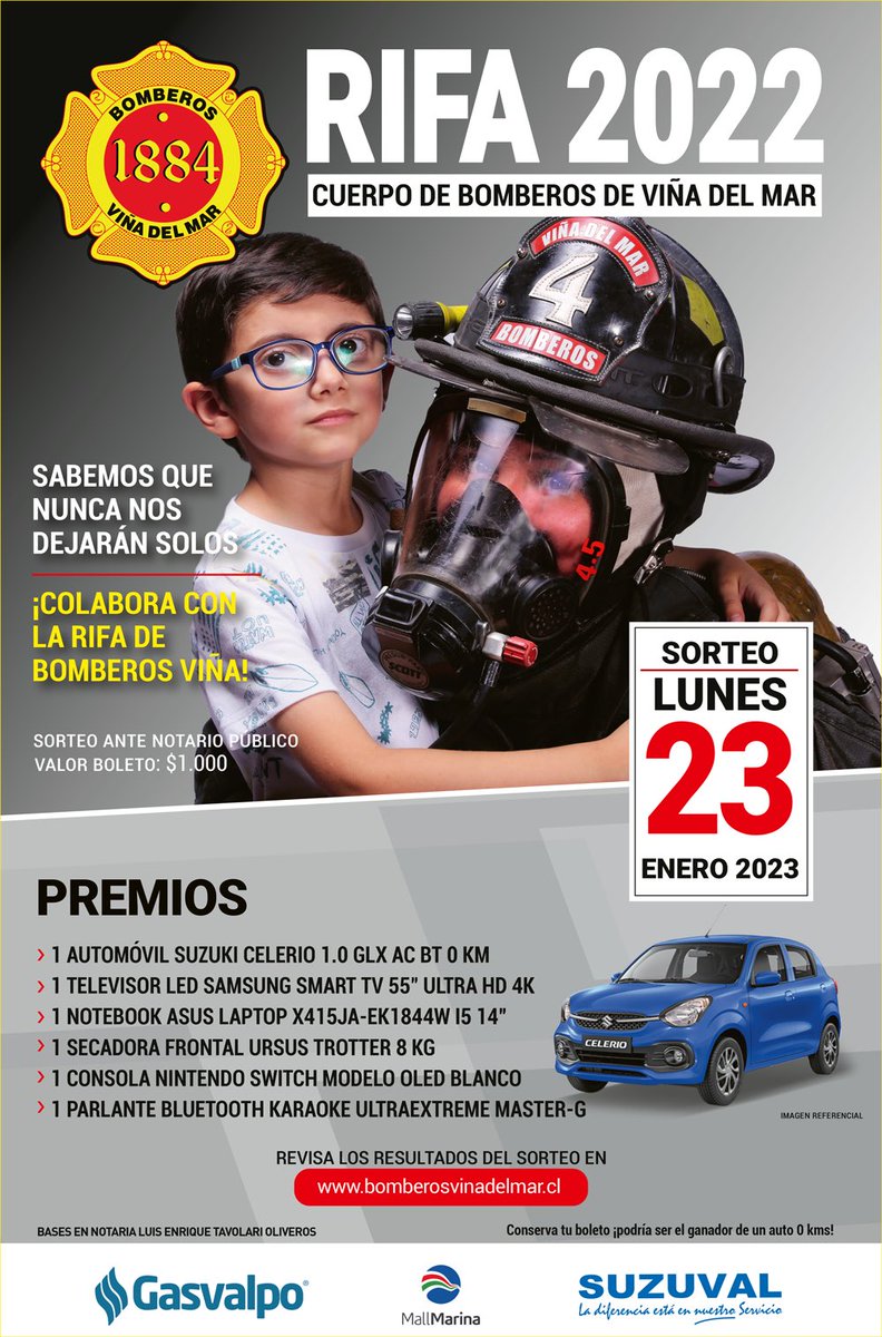👨🏻‍🚒RIFA•INSTITUCIONAL👩🏻‍🚒¡Desde hoy martes 27, damos inicio a la Rifa Institucional 2022 del Cuerpo de Bomberos de Viña del Mar! Han sido meses de restricciones y estamos convencidos: nunca nos dejarán solos. Sumáte a Antonia, Luciano y Mateo ¡Colabora con la Rifa de Bomberos Viña!