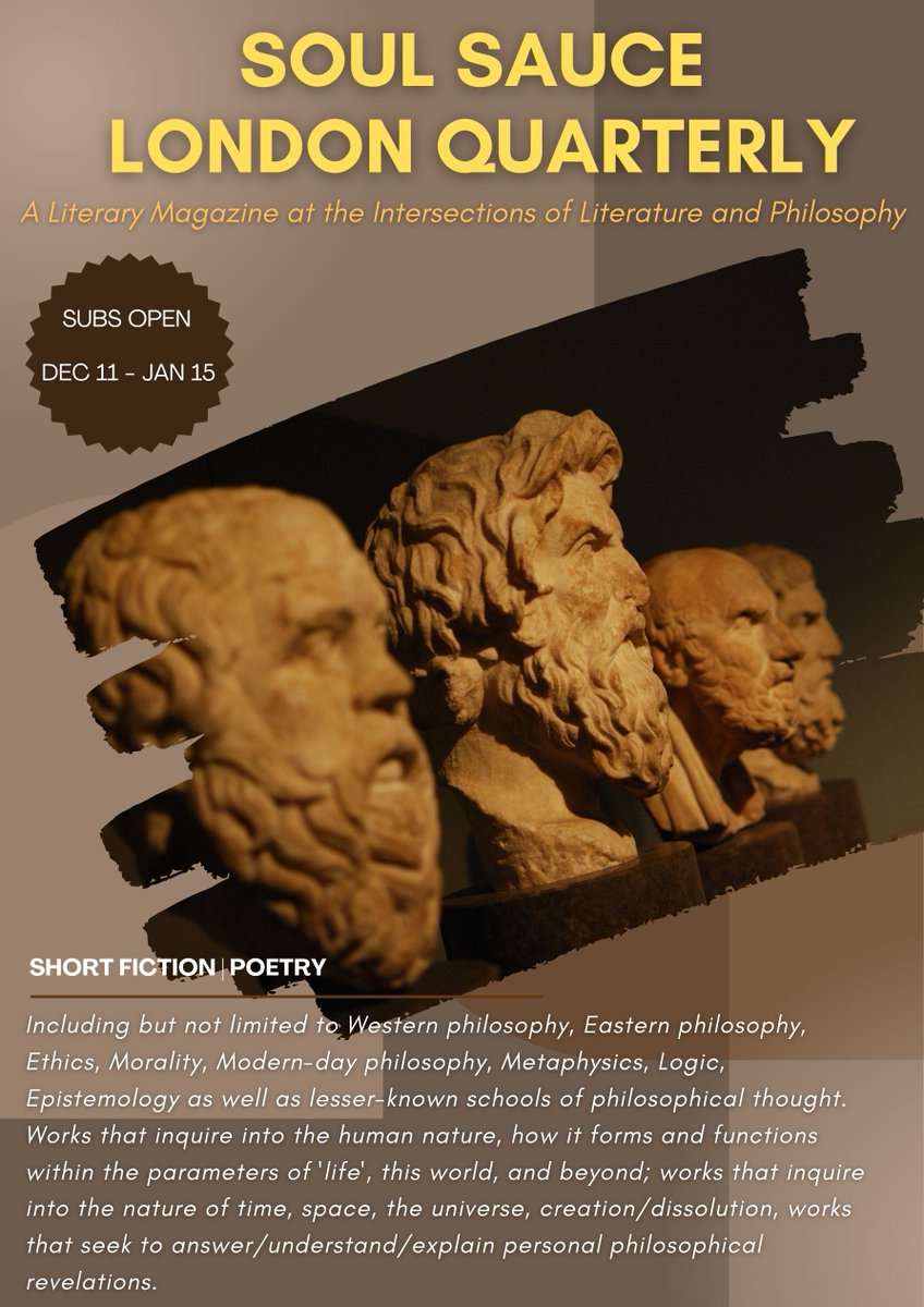 SauceQuarterly's tweet photo. Hello #writers!
Do you have short fiction or poetry that deal with #philosophical themes?
We want it!
SSLQ is a #newlitmag at the intersections of #philosophy and #literature
👉🏻https://t.co/0HKsNW5ATy
#WritingCommunity #writersoftwitter #writerslift #writersoftwitter #writing https://t.co/mjTZDprn8g