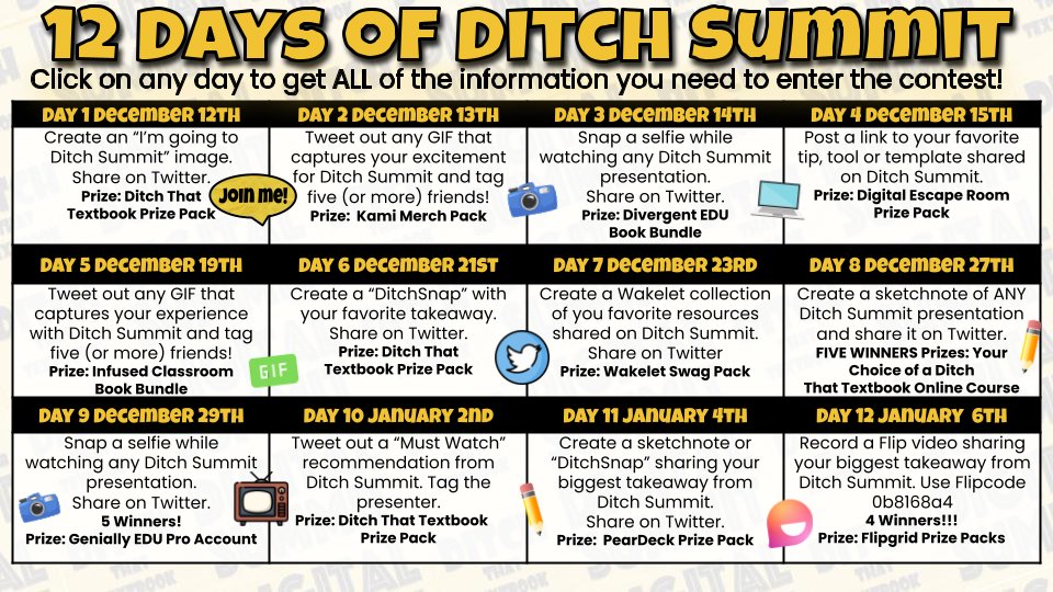 Our 12 Days of #DitchSummit contest is LIVE! 

We have some AMAZING prizes🎁 to give away to YOU!
See ALL of the contest details at bit.ly/12DaysofDitchS…

💬All winners announced through Twitter DM so be sure to follow DitchThatTxtbk
➡️Sign up today DitchSummit.com