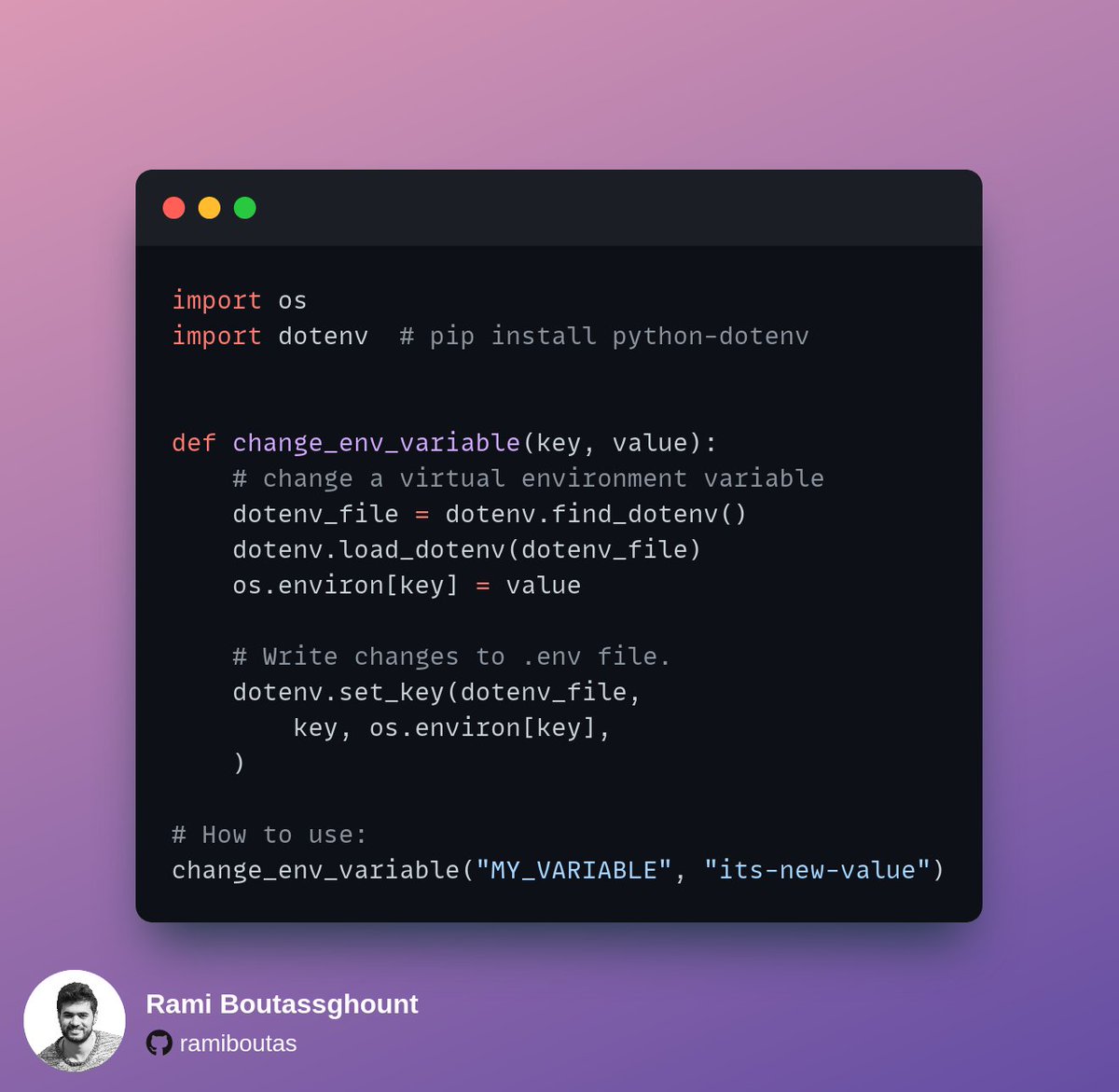 ramib_ch's tweet image. If you need to change a virtual environment variable from your .env file, you can use this code.
Place it under utils/env.py or in a similar module.
#django #python #djangotricks