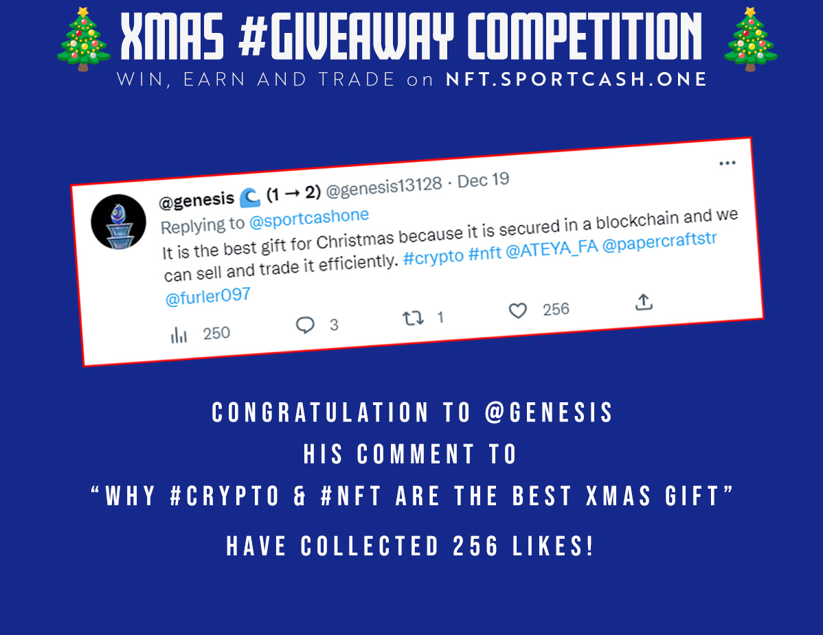 sportcashone's tweet photo. The XMAS Twitter #giveaway competition is over and we have rewarded the winner!

Stay tuned for the upcoming events ;)

#NFT #NFTs #NFTGiveaway #NFTCommunity #NFTdrop #nftmarketplace #sportsnft #nftartist #nftart #drop #nftcollection #nftgame https://t.co/yDGiXmAsuo