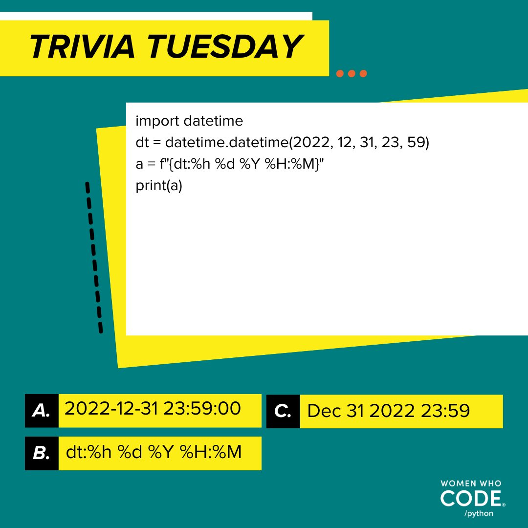 womensoftwarepy's tweet photo. It's Trivia Tuesday!
A, B or C? Leave your answer in the comments !
Text version: https://t.co/zUmttrFeah
#wwcode #womenwhocode #trivia #python #pythoncode #pythoncoding #pythonprogrammer #wwcodepython #womenintech https://t.co/PSVBUNDM4V