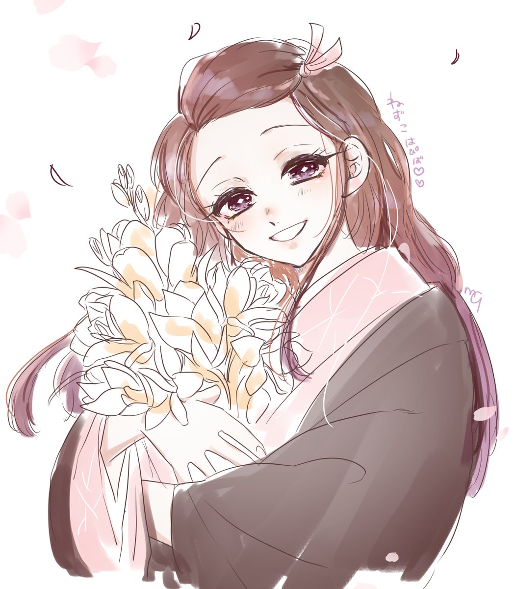 kamado nezuko 1girl solo long hair smile flower japanese clothes bouquet  illustration images