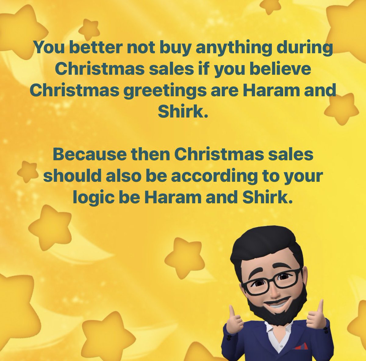 DrUmarAlQadri's tweet image. You better not buy anything during Christmas sales if you believe Christmas greetings are Haram and Shirk. 

Because then, according to your logic, Christmas sales should also be Haram and Shirk. #fallacy #strangelogic #Christmas #Muslims #sales #NollaigShona