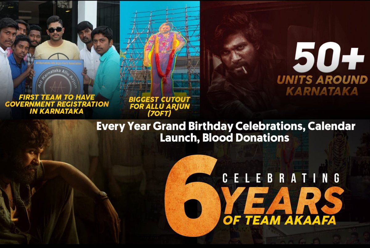 IamSunilArya's tweet photo. ✅ First team to Be Govt registered
✅ 50+ Units Around Karnataka 
✅Biggest Cutout for Allu Arjun  
✅ Calender Launch and Anniversary Celebrations
✅ 50+ Places Celebrations in single state 

#6YearsOfAKAAFA @alluarjun https://t.co/xNuEtW0sBE