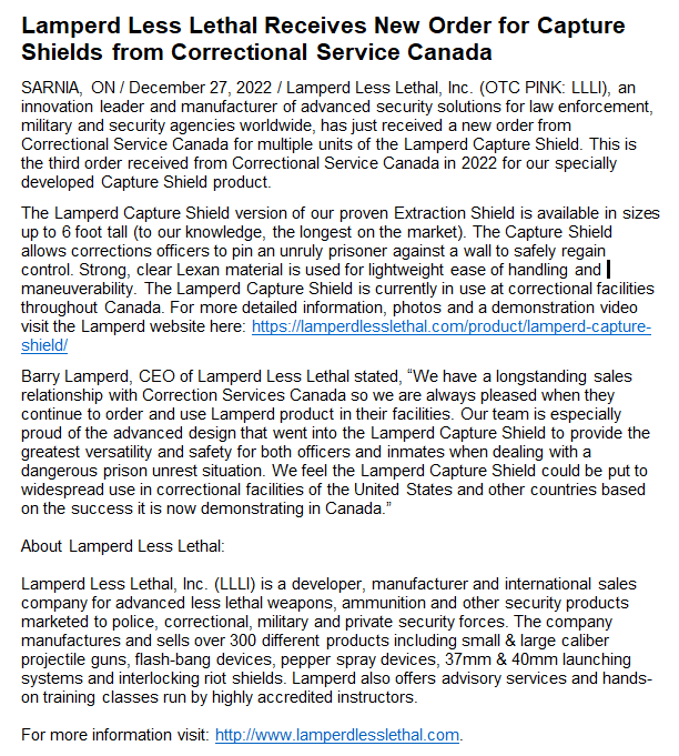 LLLI_LessLethal's tweet photo. $LLLI Lamperd Less Lethal Receives New Order for Capture Shields from Correctional Service Canada  https://t.co/QtMkEAhn97  @Lamperd_LLLI
#LessLethal #RiotControl #CrowdControl
#CaptureShield #PoliceEquipment #PoliceSafety https://t.co/xywjDkNtP2