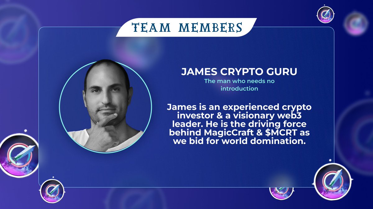 Meet the #MagicCraftTeam 🔮

James Crypto Guru - The man who needs no introduction.

James is an experienced crypto investor &amp; a visionary web3 leader. He is the driving force behind MagicCraft &amp; $MCRT as we bid for world domination 🚀

#MOBA