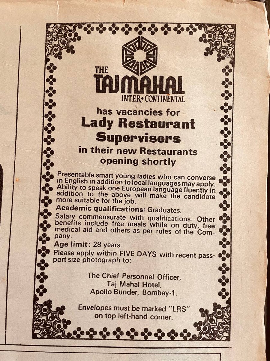 444zhy's tweet photo. @TajMahalMumbai 's recruitment ad dated November 1975 https://t.co/YqS92WQdwR