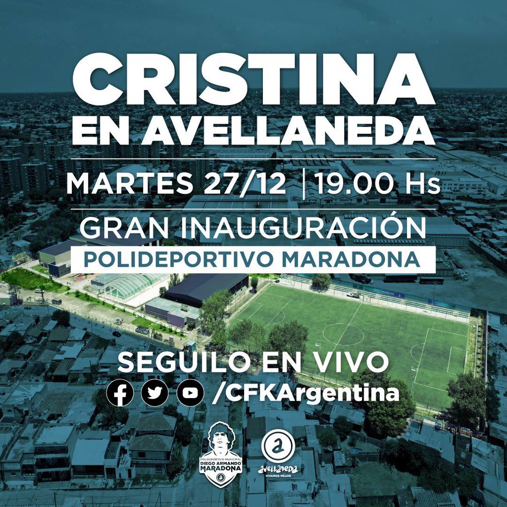 Hoy voy a participar de la inauguración del polideportivo Diego Armando Maradona en Villa Corina, Avellaneda. Lo van a poder ver en vivo en mis redes.