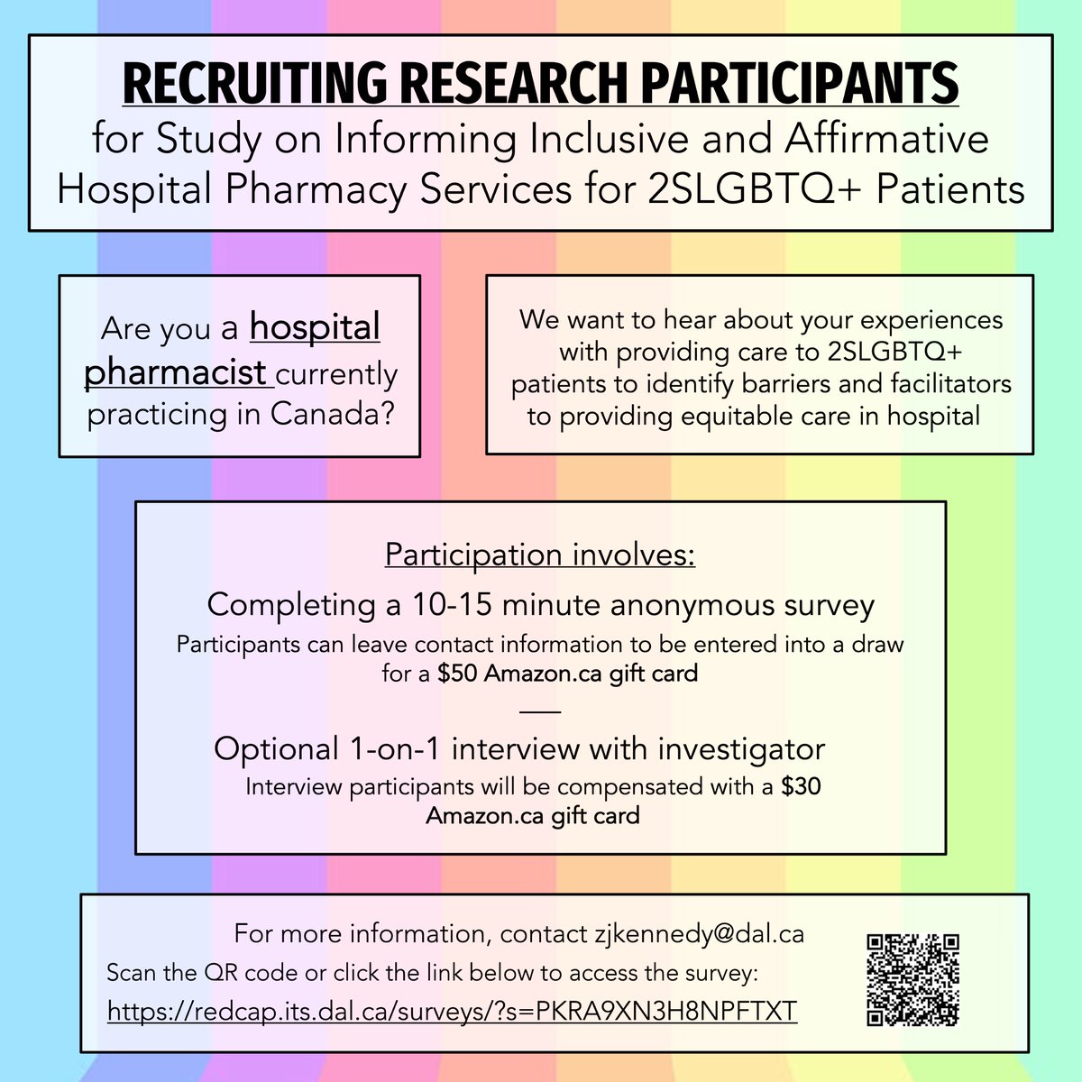 Are you a hospital #pharmacist in Canada?  We are looking for your input on providing inclusive and affirmative care to #2SLGBTQ+ patients! Please click the link below to learn more and complete a short survey: redcap.its.dal.ca/surveys/?s=PKR…