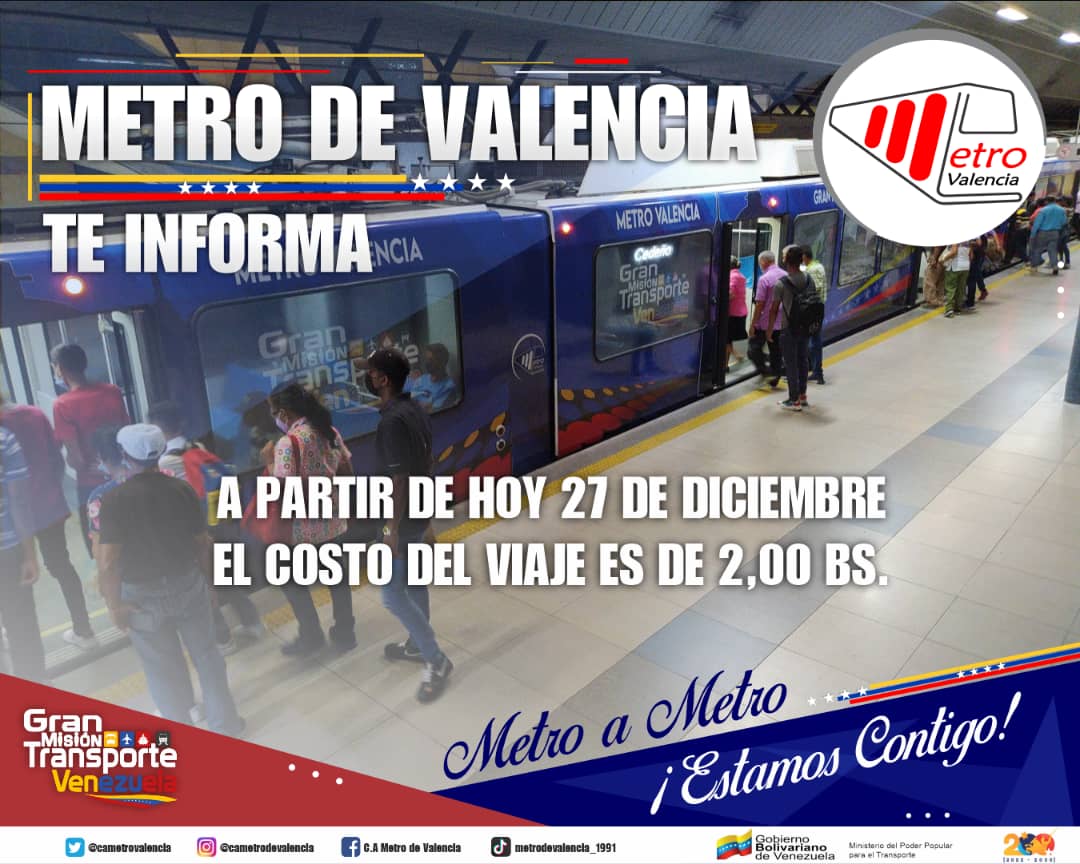 CAMETROVALENCIA's tweet photo. #MetroTeInforma🔊||¡Atención Usuarios! A partir de este martes #27Dic, el costo de traslado dentro de @CAMETROVALENCIA es de 2,00 Bs||Te Invitamos a cumplir con las #Normas y cuidar de tu #SistemaMetro🚇¡Trabajamos para ti!✅#TradicionesYAlegrías https://t.co/7Z4TgJsAVE