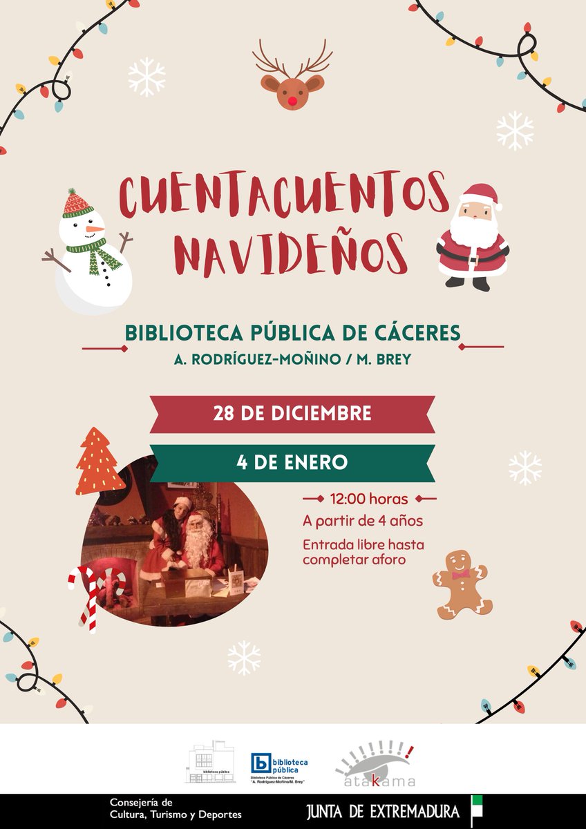 Atakama CC (@atakamacc) on Twitter photo 🔴𝘏𝘢𝘥𝘢 𝘥𝘦 𝘭𝘰𝘴 𝘊𝘶𝘦𝘯𝘵𝘰𝘴 ha viajado al #PoloNorte para traerte los mejores #cuentosnavideños🎄
¿Quieres escucharlos?
🗓 Mañana, 28 DIC
⏰12H
📍En la <a href="/bibliotecacc/">BPE CÁCERES</a>
¡Trae a tus peques, que no se acabe la ilusión!
🎟 Entrada libre hasta completar aforo 🔴𝘏𝘢𝘥𝘢 𝘥𝘦 𝘭𝘰𝘴 𝘊𝘶𝘦𝘯𝘵𝘰𝘴 ha viajado al #PoloNorte para traerte los mejores #cuentosnavideños🎄
¿Quieres escucharlos?
🗓 Mañana, 28 DIC
⏰12H
📍En la <a href="/bibliotecacc/">BPE CÁCERES</a>
¡Trae a tus peques, que no se acabe la ilusión!
🎟 Entrada libre hasta completar aforo