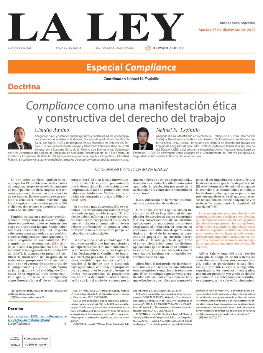 LaLeyRedaccion's tweet photo. 📰[ 𝗛 𝗢 𝗬 en el #DiarioLaLey ] ''𝐄𝐬𝐩𝐞𝐜𝐢𝐚𝐥 𝐂𝐨𝐦𝐩𝐥𝐢𝐚𝐧𝐜𝐞''. Nos acompañan Claudio Aquino, Nahuel N. Espinillo @Nehuen23 y  Lucila Tagliaferro https://t.co/CxhzWr4Rk4