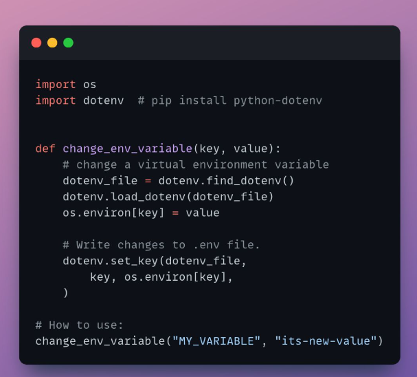BilirKazim's tweet image. If you need to change a virtual environment variable from your .env file, you can use this code.
Place it under utils/env.py or in a similar module.
#django #python #djangotricks