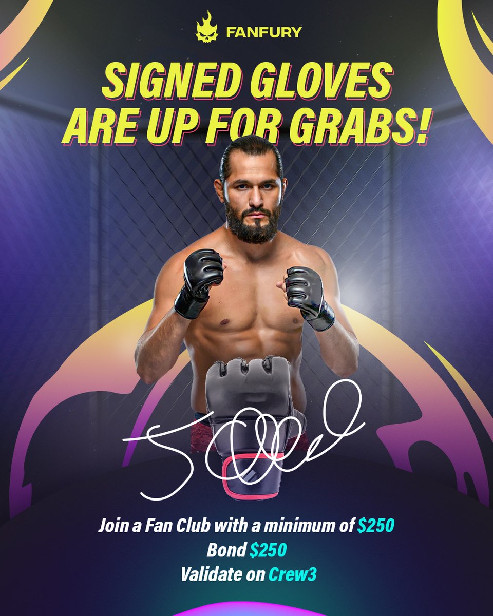 Fanfury (@fanfuryofficial) on Twitter photo Your chance to win signed gloves from the OG #BMF
🥊Bond on app.fury.fan/liquidity & Join a Fan Club with a minimum of $250
🥊Visit fury.crew3.xyz “Merchandise Giveaway” register your claim, win XP and stand a chance to win exclusive signed Gloves by <a href="/GamebredFighter/">Jorge Masvidal</a> Your chance to win signed gloves from the OG #BMF
🥊Bond on app.fury.fan/liquidity & Join a Fan Club with a minimum of $250
🥊Visit fury.crew3.xyz “Merchandise Giveaway” register your claim, win XP and stand a chance to win exclusive signed Gloves by <a href="/GamebredFighter/">Jorge Masvidal</a>