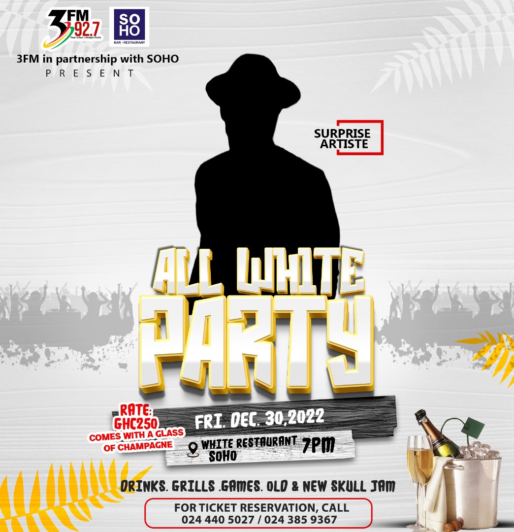 Sohorestaurant_'s tweet photo. Join us at @sohoaccra on the 30th of December 2022 at 7 pm and let's shut down Accra.

Let the countdown begin... 

#3FMAllWhiteParty22 #SOHO https://t.co/MVZyXk6JIh