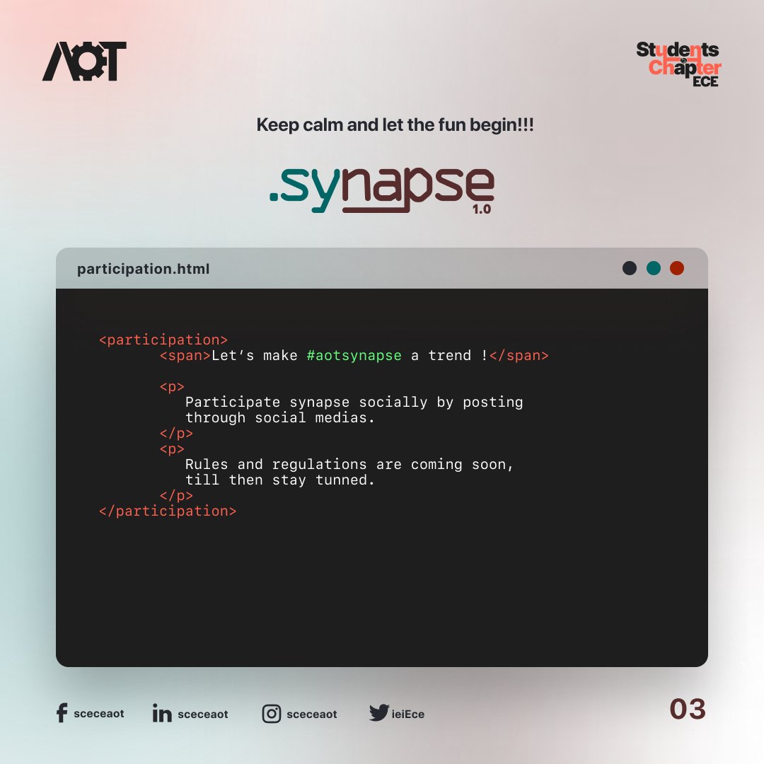IeiEce's tweet photo. As we have set forth to take our first step towards a milestone , we have some exciting announcements to make for you all regarding our very first event - SYNAPSE 1.0. Please go through the things mentioned below and get a chance to receive exciting goodies and swags.
#aotsynapse https://t.co/Nd3mwHbNTv