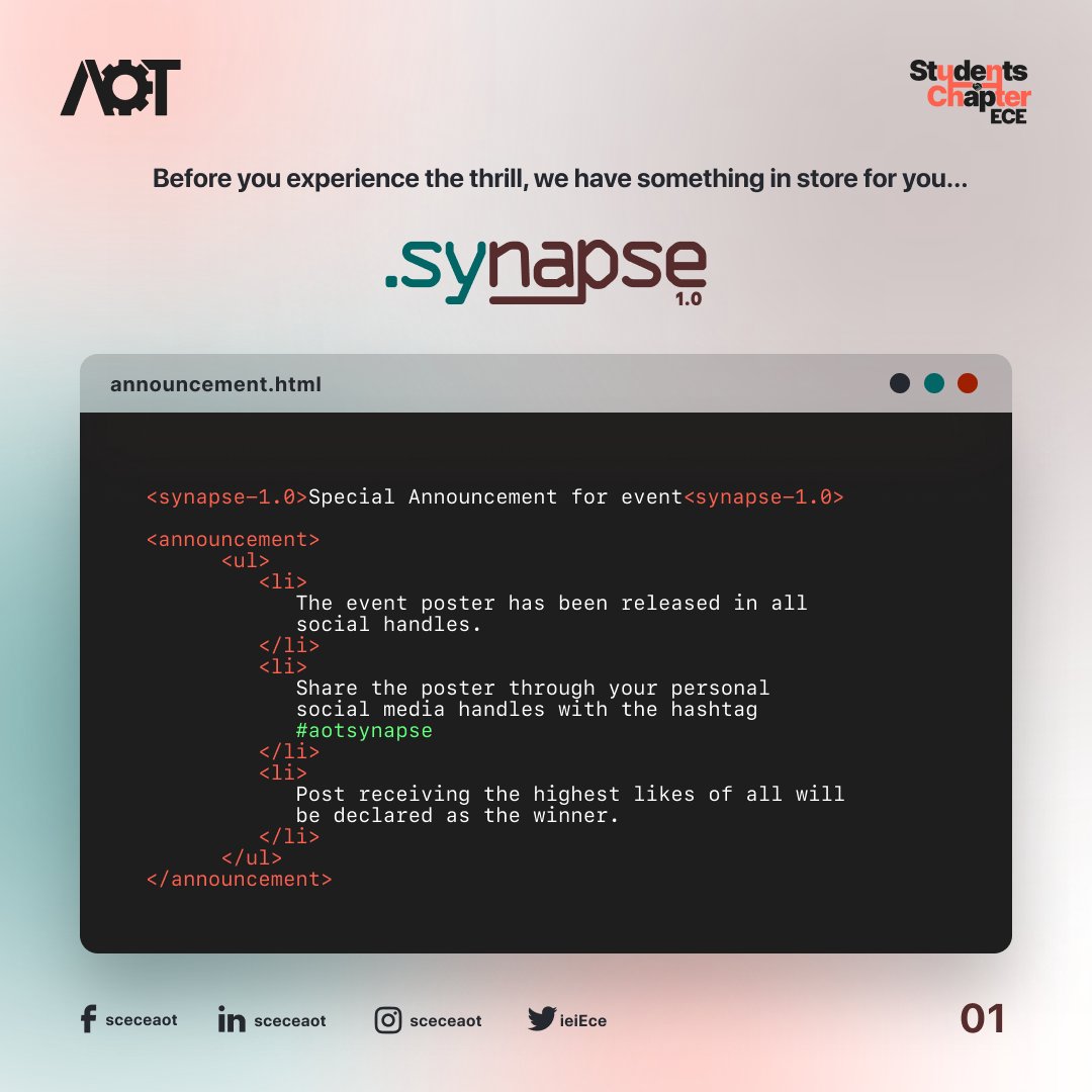 IeiEce's tweet photo. As we have set forth to take our first step towards a milestone , we have some exciting announcements to make for you all regarding our very first event - SYNAPSE 1.0. Please go through the things mentioned below and get a chance to receive exciting goodies and swags.
#aotsynapse https://t.co/Nd3mwHbNTv