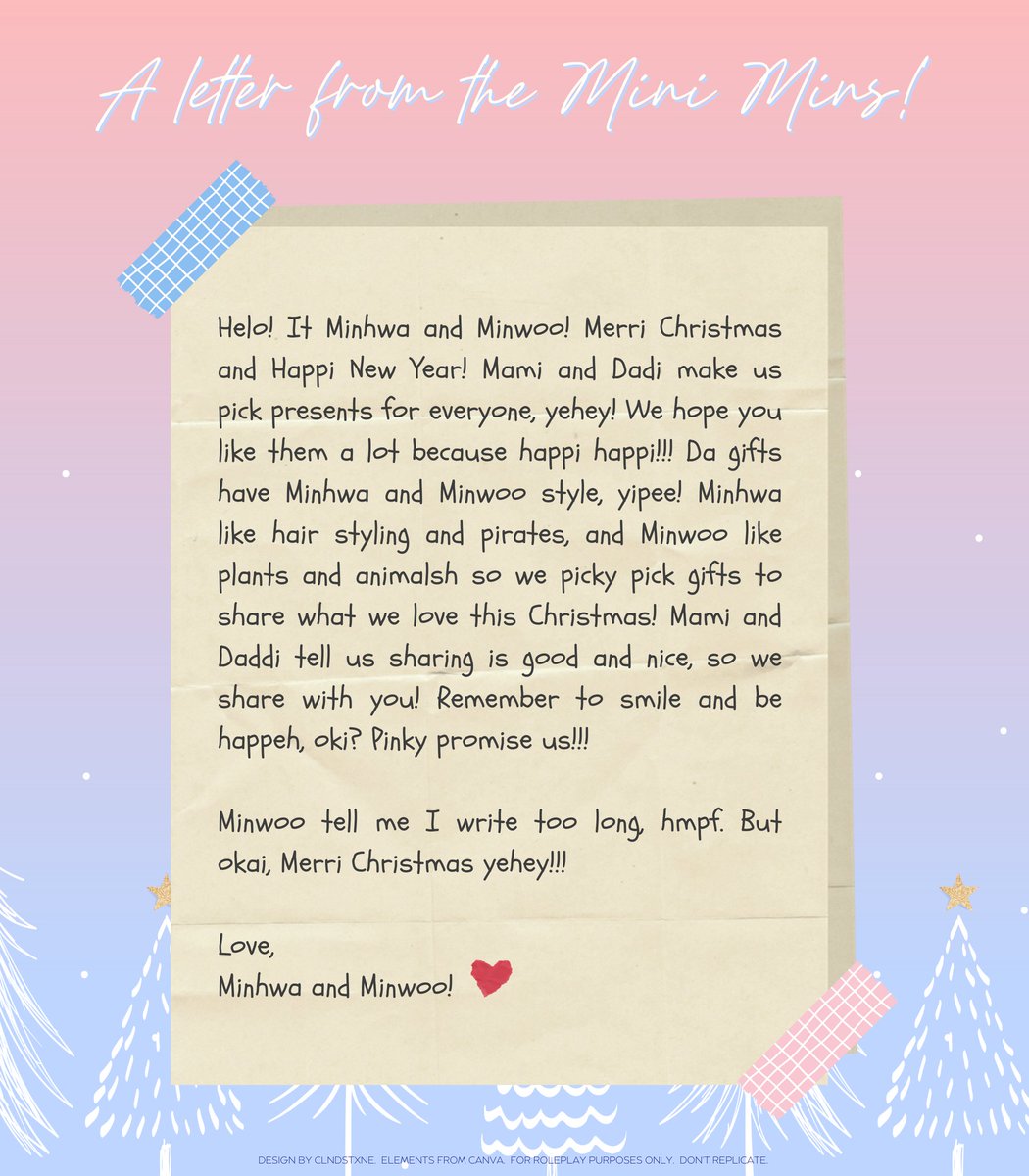 @SelVanWedding ㅤ

⋆.ೃ࿔*:･ GIFT DELIVERY .ᐟ 🎁

❄️ Ho ho ho, <a href="/maskedreveries/">Miki.</a>!

             ❛ Dapat wet wipes talaga regalo namin sayo HAHAHAHA but since you love to write, here's something to help you with that. Labyu!

              ── Love, The Mins 。

ㅤ