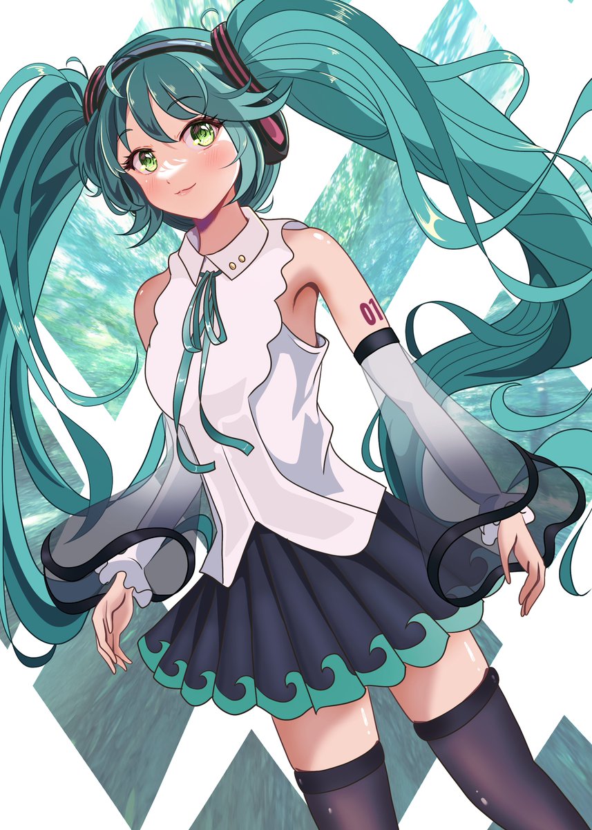 hatsune miku 1girl solo thighhighs skirt twintails see-through sleeves long hair  illustration images