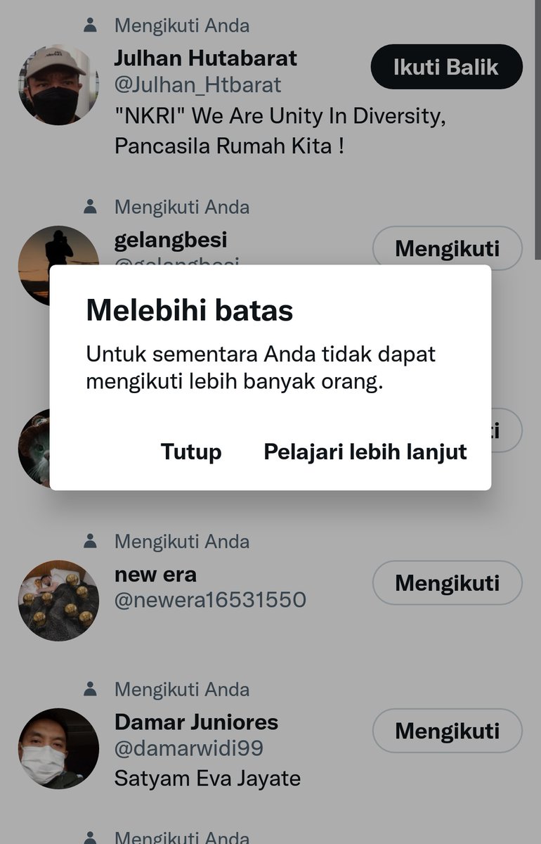 Ok..
Folbeknya Istirahat dlu utk Hari ini ya.
Uda kena Peringatan lagi.
Besok Aye Lanjut Lagi utk Folbeknya..

Hari ini uda ada sekitar 200 akun yg aye Folbek.
Entah itu Akun Kadrun Sampe Akun Bokep. Uda gak dicek lagi. pokoknya smw di Folbek..😂😂

Sungguh Hayati Lelah😓🥴