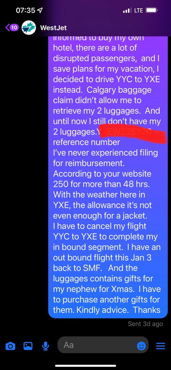 masiling1's tweet photo. @WestJet @AHoensbroech Dec 26, no luggages &amp; received no communication from @WestJet 7 days after cancellation, 5 days after claim was made YXE the final destination, 3 days after PM messenger… https://t.co/NAjiuNDQ3c