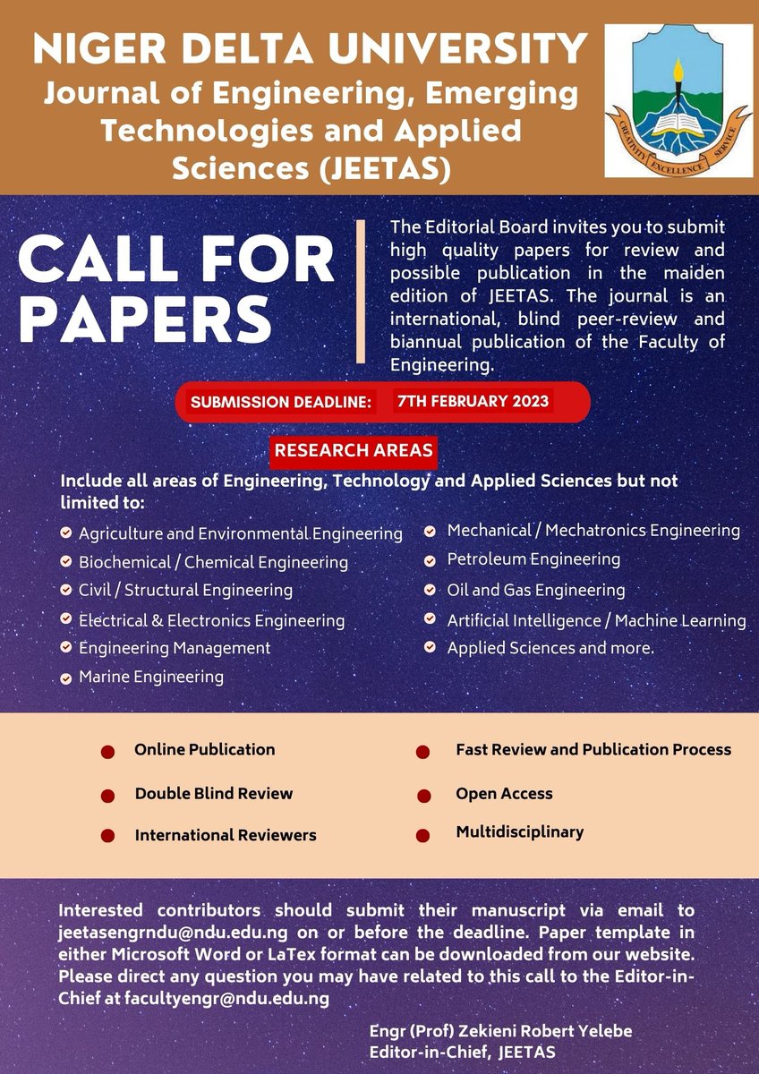 metarerefa's tweet photo. Submit your papers to the Journal of Engineering, Emerging Technologies and Applied Sciences (JEETAS).
Paper submission deadline: 7th February 2023
PS: Request paper template either in MS Word or LaTex format via jeetasengrndu@ndu.edu.ng
#engineeringjournal #research #papers https://t.co/6RwInVzINL