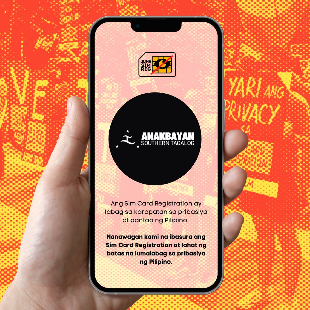 AnakbayanST's tweet photo. Sumali at makiisa sa panawagang pagbasura sa SIM Registration Law. Tutulan natin ang malawakang surveillance ng estado, at ang pagkamkam ng impormasyon sa mamamayan.
#JunkSIMRegLaw
#SIMParaSaMasaHuwagMagingParusa
#DigitalJusticeNow https://t.co/4S4MLEq3UA