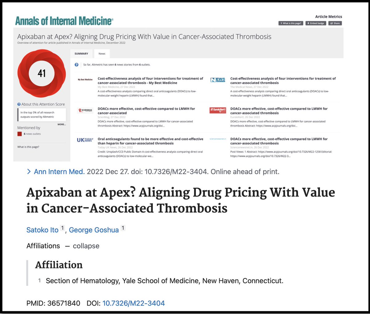 George Goshua, MD MSc (@georgegoshuamd) on Twitter photo 📢💫<a href="/SatokoItoMDPhD/">Satoko Ito, MD PhD</a> = hematologist+palliative care MD+epidemiologist! Her first <a href="/YaleCancer/">Yale Cancer Center</a> <a href="/YaleHematology/">YaleHematology</a> <a href="/YaleMed/">Yale School of Medicine</a> pub <a href="/AnnalsofIM/">Annals of Int Med</a> in <6 weeks #GoshuaLab
Editorial doi.org/10.7326/M22-34…
Potent CEA by👏<a href="/ShuchiGulati/">Shuchi Gulati MD</a>: all oral-Xa inhibitors v LMWH in CAT doi.org/10.7326/M22-12… 📢💫<a href="/SatokoItoMDPhD/">Satoko Ito, MD PhD</a> = hematologist+palliative care MD+epidemiologist! Her first <a href="/YaleCancer/">Yale Cancer Center</a> <a href="/YaleHematology/">YaleHematology</a> <a href="/YaleMed/">Yale School of Medicine</a> pub <a href="/AnnalsofIM/">Annals of Int Med</a> in <6 weeks #GoshuaLab
Editorial doi.org/10.7326/M22-34…
Potent CEA by👏<a href="/ShuchiGulati/">Shuchi Gulati MD</a>: all oral-Xa inhibitors v LMWH in CAT doi.org/10.7326/M22-12…
