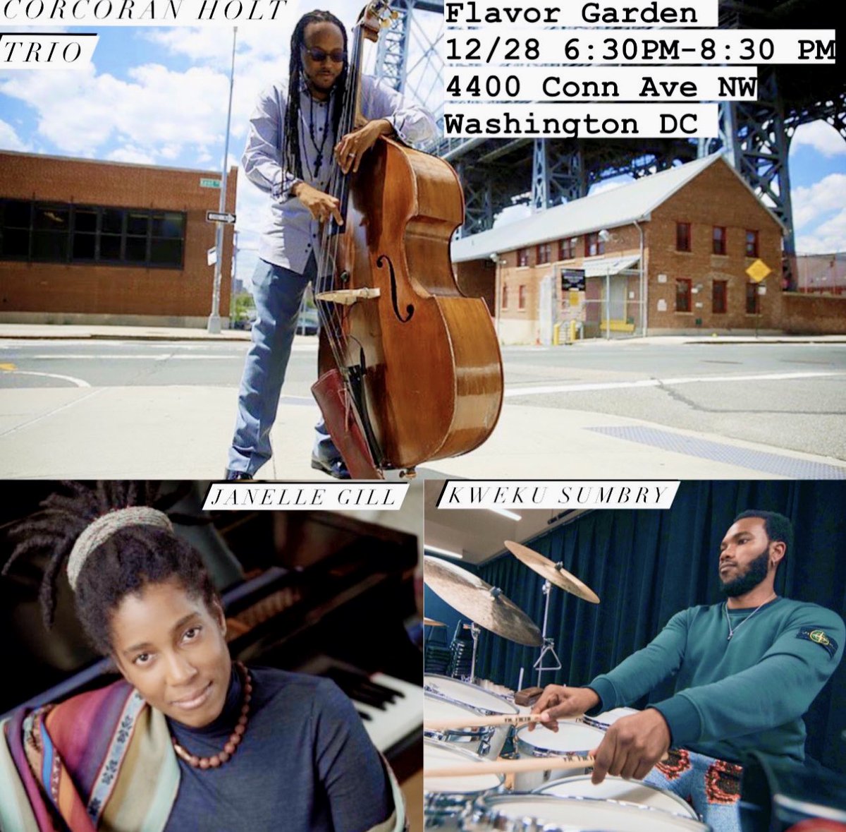 This Wednesday 12/28 live at  Flavor Garden! 6:30 pm to 8:30 pm
#washingtondc #flavorgarden #jazzwednesdays #livemusic #corcoranholttrio #janellegill #kwekusumbry #share