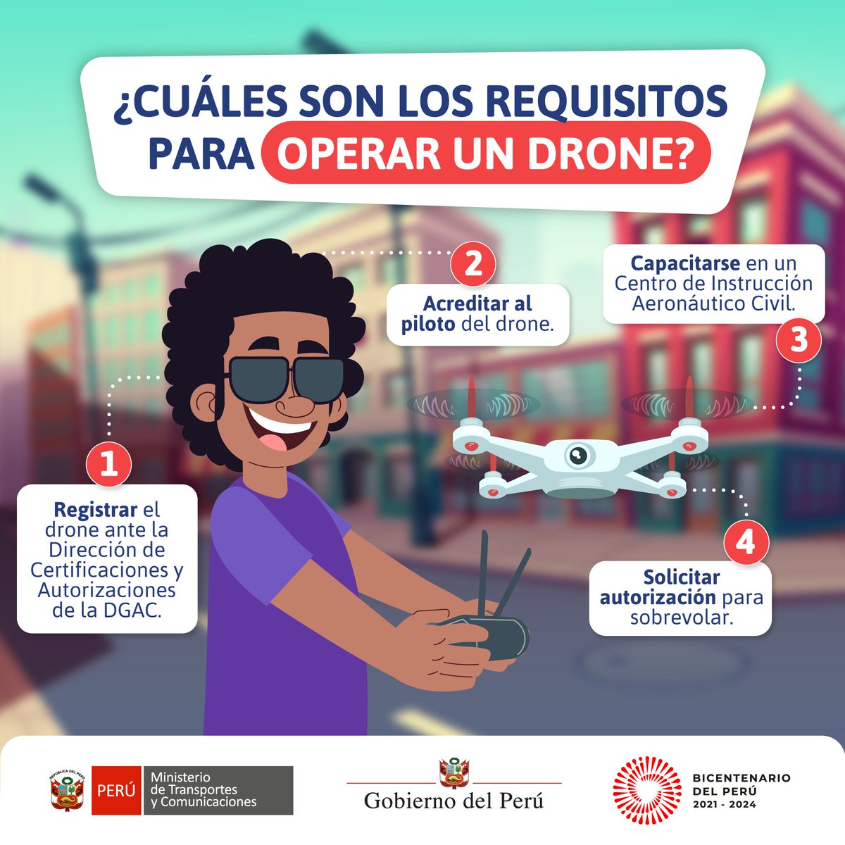MTC_GobPeru's tweet photo. 👉Recuerda que para operar un drone es necesario cumplir ciertos requisitos de la Dirección General de Aeronáutica Civil (DGAC).
Además, te recordamos que el trámite es virtual.
👉Tramita tu permiso para pilotear tu drone aquí: https://t.co/u8YbbDHcnt https://t.co/3TQbronm8P